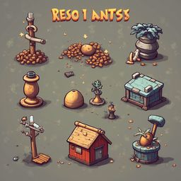Nine isometric illustrations depict various objects and structures, including ant-like creatures, a tree, a house, a barrel, a pot, a rock, a birdhouse, and a vase.