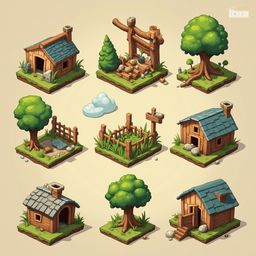 Nine isometric illustrations depict various wooden structures, including houses, sheds, trees, and a well, arranged on green isometric ground.