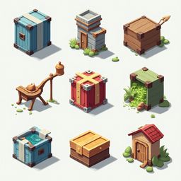 Nine isometric illustrations depict various objects and structures, including blue and gray boxes, a watering can, a wooden cart, a red and gold chest, a green and brown house, and a brown chest with a gold handle.