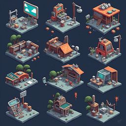 Nine isometric illustrations depict various small buildings, vehicles, and objects on a dark blue background.