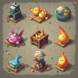 Nine isometric illustrations feature Pokémon and fire-like creatures on wooden platforms, set against a earthy background.