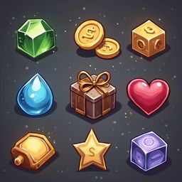 Nine isometric illustrations of collectibles, including a green gem, gold coins, a cube, a water droplet, gift box, heart, star, and cube, are arranged in a 3x3 grid against a dark gray background with scattered gold stars.