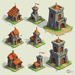 Nine isometric illustrations of medieval-style buildings feature red roofs, gray walls, and orange accents on towers, doors, and windows.