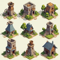 Nine isometric illustrations of medieval-style buildings feature diverse architectural elements, such as towers, houses, and churches, set against earthy tones.