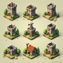 Nine isometric illustrations of medieval-style buildings feature gray stone, green grass, and red roofs, with varying architectural elements.