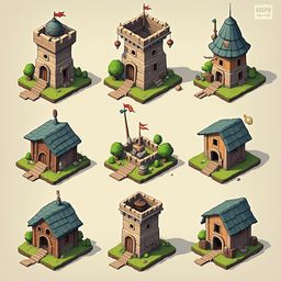 Nine isometric illustrations of medieval-style buildings feature diverse architectural elements, including towers, houses, and churches.
