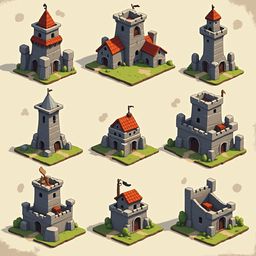 Nine isometric illustrations of medieval-style buildings, predominantly gray and red, with varying roof colors and features.