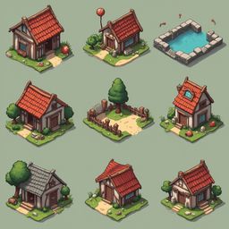 Nine isometric illustrations of quaint houses, complete with red roofs, gardens, and features like ponds and balloons.