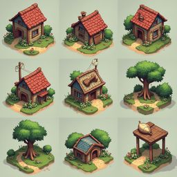 Nine isometric illustrations of red-roofed houses with varying features, green landscapes, and brown ground cover.