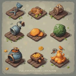 Nine isometric illustrations of various objects, including a blue and silver pot, an orange cake, a wooden barrel, a green cabbage, an orange fruit, a wooden chest, and a starfish, are arranged on a stone-like base.