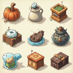 Nine isometric illustrations showcase a pumpkin, pitcher, wooden crate with peas, flower, creature, treasure chest, and fish.
