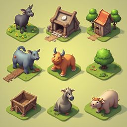 Nine isometric illustrations showcase farm animals, including a cow, pig, bull, horse, sheep, piggy bank, and barn.