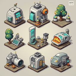 Nine isometric illustrations showcase modern, futuristic buildings with unique features, including trees, vehicles, and technological elements.