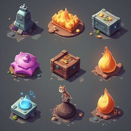 Nine isometric illustrations showcase unique objects and creatures in various settings, including temples, treasure chests, fires, and animals.