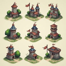 Nine medieval-style buildings with red and blue roofs, towers, and flags are arranged in a 3x3 grid on a light green isometric background.