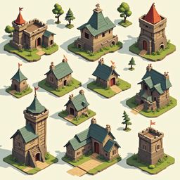 Nine medieval-style buildings with unique architecture and flags are arranged in a 3x3 grid on a light green isometric background.