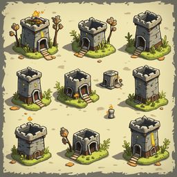 Nine medieval-style gray stone towers with crenelated tops, windows, and doorways are arranged in a grid on a light brown canvas.