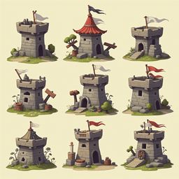 Nine medieval-style towers, each unique in design, color, and function, are arranged in a three-by-three grid against a light beige backdrop.