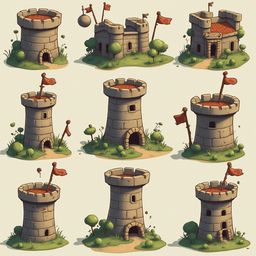 Nine medieval-style towers, each with red flags, stand on grassy terrain, varying in size and design.