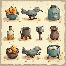Nine objects, including a bowl, bird, jar, bottle, mug, bucket, bowl of fruit, and pot, are arranged in a 3x3 grid.