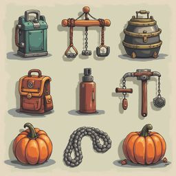 Nine objects, including a green toolbox, wooden balance, metal barrel, backpack, red water bottle, wooden hammer, metal chain, orange pumpkin, and wooden key, are arranged in a 3x3 grid.