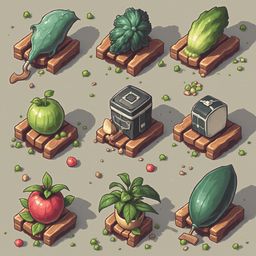 Nine objects, including a green umbrella, lettuce, apple, box, plant, tomato, and green pear, are arranged on wooden platforms against a beige backdrop.