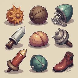 Nine objects, including a sunflower, leather shoe, crystal, ball, skull, sword, lantern, and bottle, are arranged in a 3x3 grid.