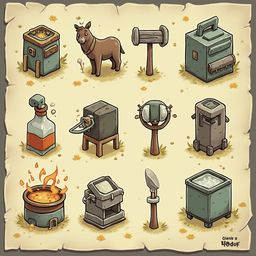 Nine objects, including a wooden box, hammer, donkey, bottle, furnace, bucket, spoon, and box, are arranged in a 3x3 grid on a parchment-like background.