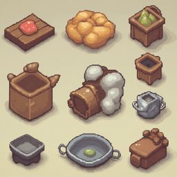 Nine pixel art illustrations of various containers and objects, including a wooden tray, loaf, teapot, pot, cake, and bowl.