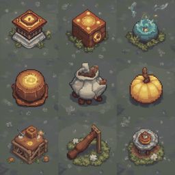 Nine pixel art structures, including a temple, chest, pumpkin, potion pot, ladder, chest of drawers, axe, and birdhouse, are arranged in a 3x3 grid.