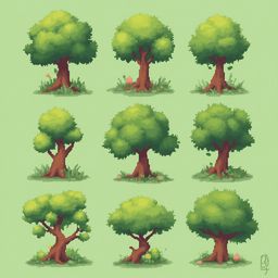 Nine pixel art trees in various shades of green and brown, with unique features, are arranged in a 3x3 grid against a light green backdrop.