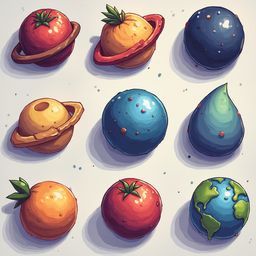 Nine planets and a globe, crafted from fruits, are arranged in a grid against a light blue backdrop.