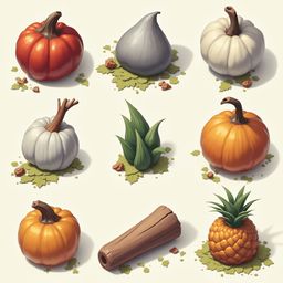 Nine pumpkins and a pineapple are arranged in a 3x3 grid on green leaves, with a brown log in the bottom right corner.
