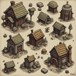 Nine quaint village houses, varying in style and size, are scattered across a lush green landscape with trees, rocks, and patches of grass.