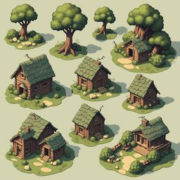 Nine rustic wooden houses with green roofs and trees are arranged on grassy isles, showcasing a charming, hand-drawn style.