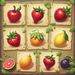 Nine square tiles display various fruits and vegetables, including apples, strawberries, raspberries, oranges, lemons, grapes, and plums, arranged on a rustic brown surface.