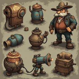 Nine steampunk-themed objects, including a wooden chest, teapot, funnel, barrel, suitcase, and megaphone, are arranged against a muted gray backdrop.