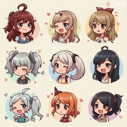 Nine stylized anime girls with unique hair colors and styles are arranged in a three-by-three grid, each wearing a different outfit and surrounded by small hearts.