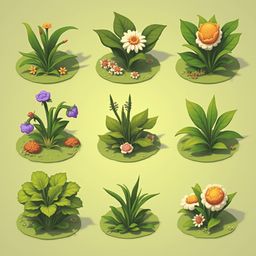 Nine stylized flowers and plants in various shades of green, orange, and purple are arranged on round green bases against a light yellow backdrop.