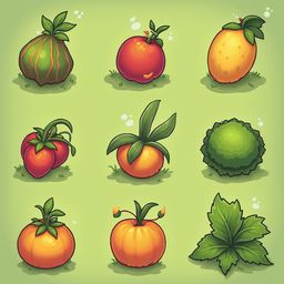 Nine stylized fruits and plants in vibrant hues are arranged in a 3x3 grid against a light green backdrop.