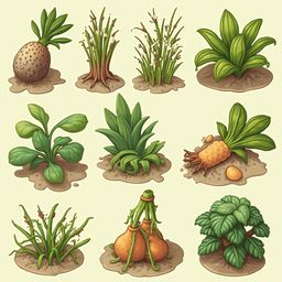 Nine stylized illustrations showcase various plants and vegetables in diverse settings, from sandy soil to mossy rocks.