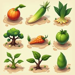 Nine stylized illustrations showcase various vegetables in soil, highlighting their unique shapes, colors, and textures.