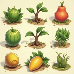Nine stylized illustrations showcase various fruits and vegetables in soil, featuring unique shapes and shades of green, red, and yellow.
