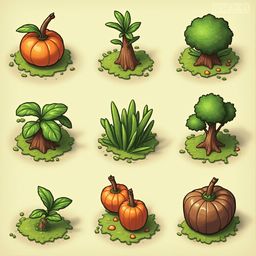 Nine stylized illustrations showcase various plants and a pumpkin on patches of dirt, arranged in a three-by-three grid.