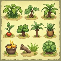 Nine stylized plants, including a fern, palm, rose bush, acorn tree, orange tree, and mushroom, grow from soil in various pots.
