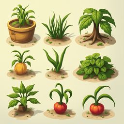 Nine stylized plants, including a potted succulent, grass, tree, squash, tomato, and leafy greens, are arranged in a 3x3 grid.