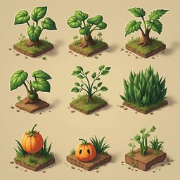Nine stylized plants, trees, and pumpkins in various shades of green, orange, and brown are arranged in a 3x3 grid.