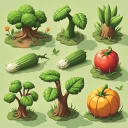 Nine stylized plants, varying in type and size, populate a serene scene with vibrant colors and detailed textures.