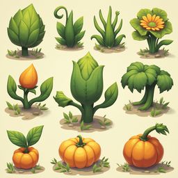 Nine stylized plants, varying in type and size, display vibrant colors against a light yellow backdrop.