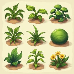 Nine stylized plants, varying in type and size, populate a grid of soil patches with contrasting green hues.
